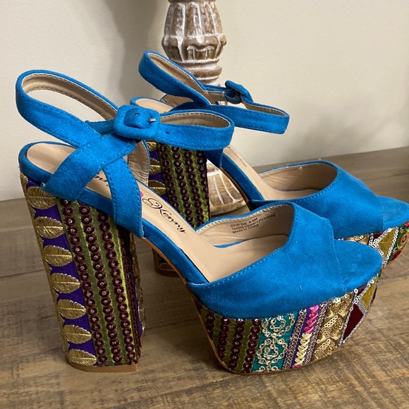 Penny Loves Kenny Blue Suede Platform Heels - Picture 1 of 9